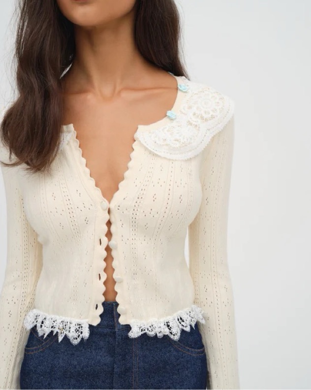 カーディガン lace collar e button check knit cardigan For Love & Lemons Daniela Knit Cardigan by For Love & Lemons - Pickle