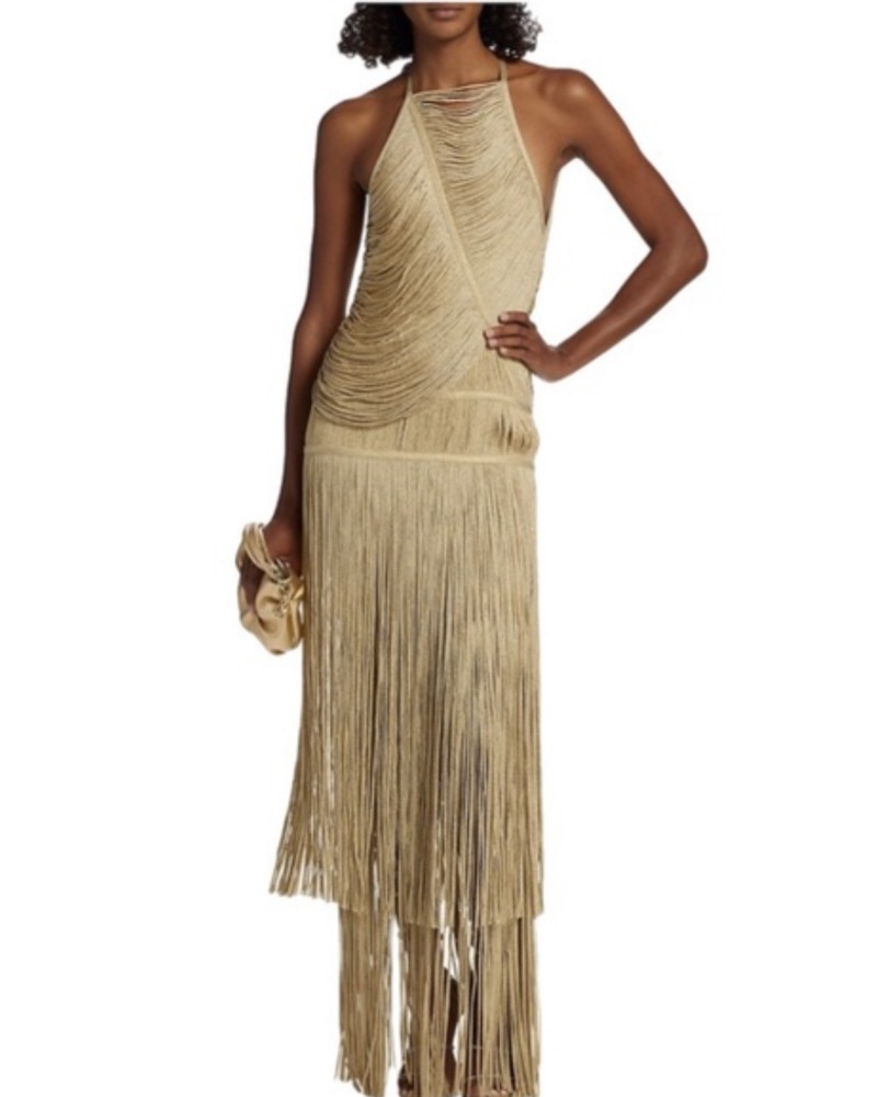 HERVE LEGER Gold Fringe Gown Dress by Herve Leger - Pickle
