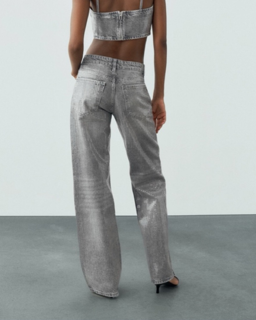 Mid Rise Wide Leg Sequin Foil Jeans by Zara - Pickle