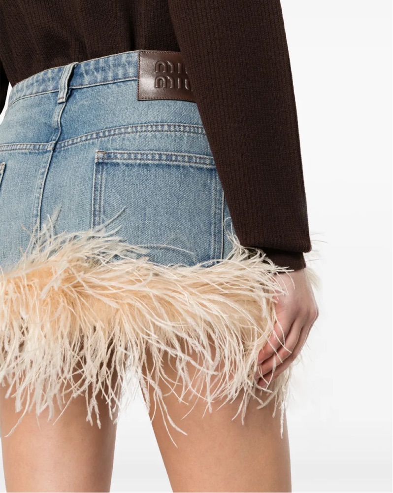 Miu Miu Feather Trim Mini Skirt by Miu Miu - Pickle