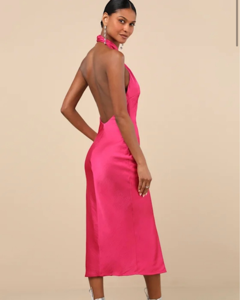 Hot Pink Backless Halter Midi Dress by Lulus - Pickle