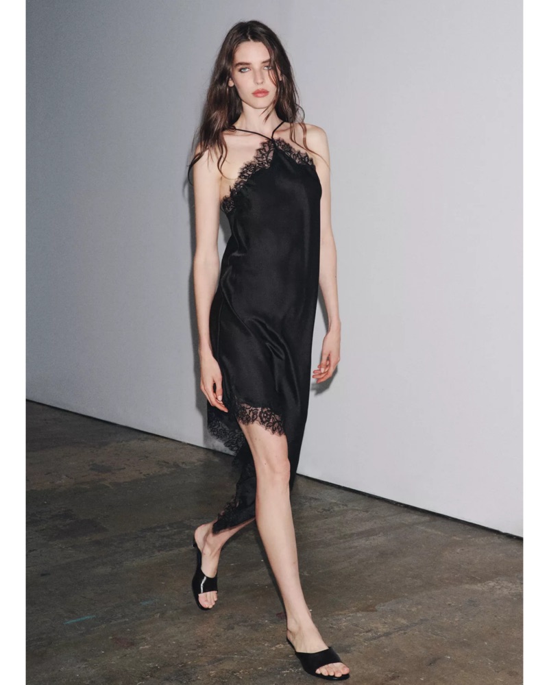 Black Lace Satin Midi Dress by ZARA - Pickle