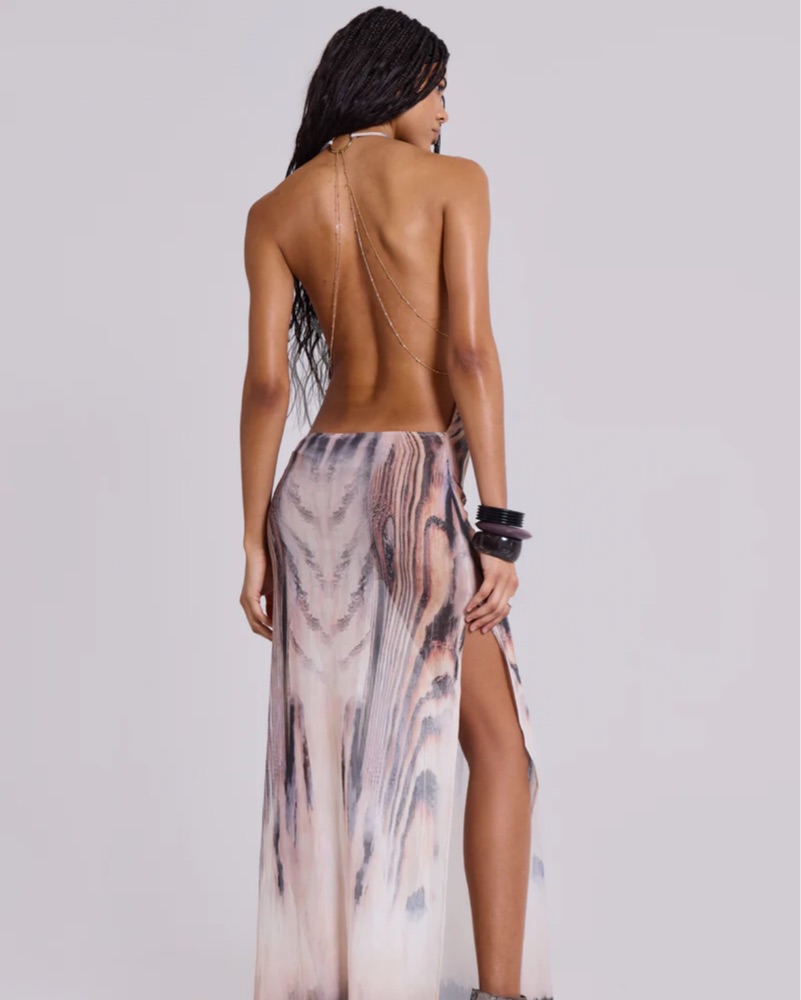 Jaded London Xaviera Backless Mesh Maxi by Jaded London - Pickle