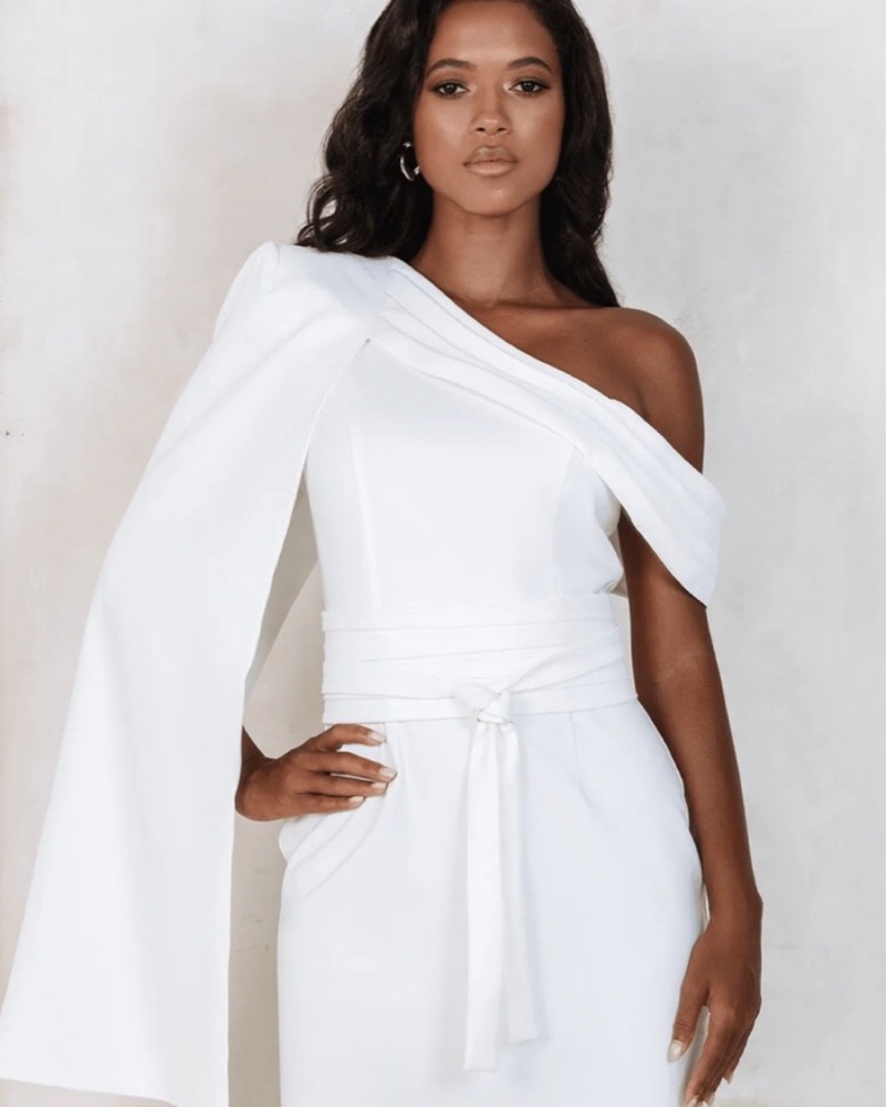 White Off The Shoulder Cape Dress by Lavish Alice - Pickle