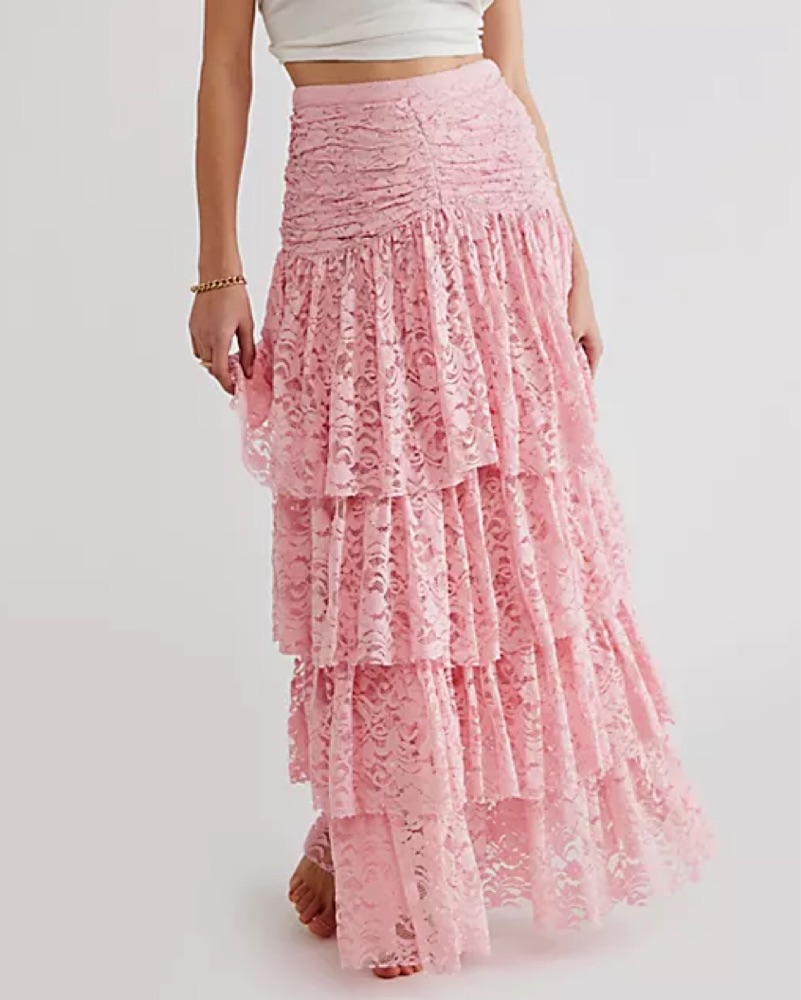 LoveShackFancy Pink Lace Tiered Skirt by LoveShackFancy - Pickle