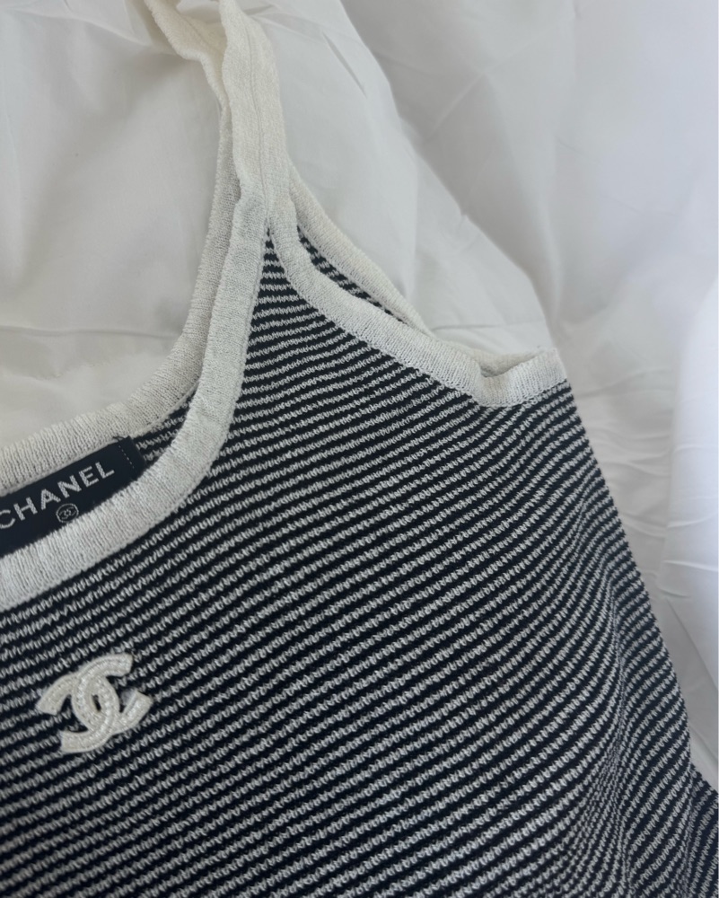 Chanel CC Logo Striped Knit Tank Top by Chanel - Pickle