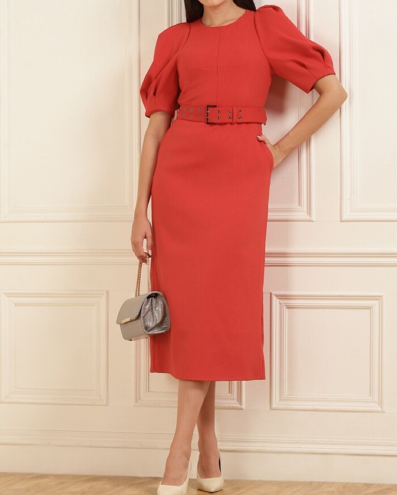 Ted Baker Puff Sleeve Midi Dress Red by Ted Baker - Pickle