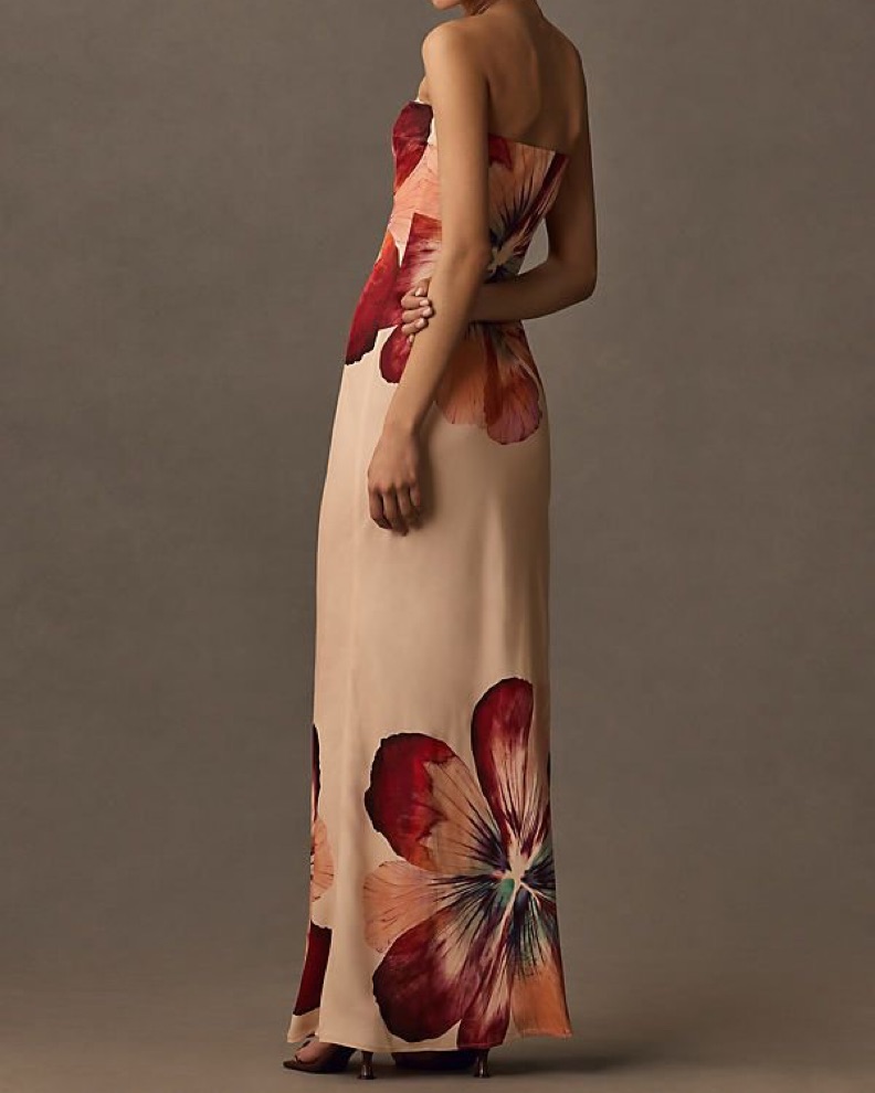 The Fleur Strapless Satin Maxi Dress by Anthropologie - Pickle
