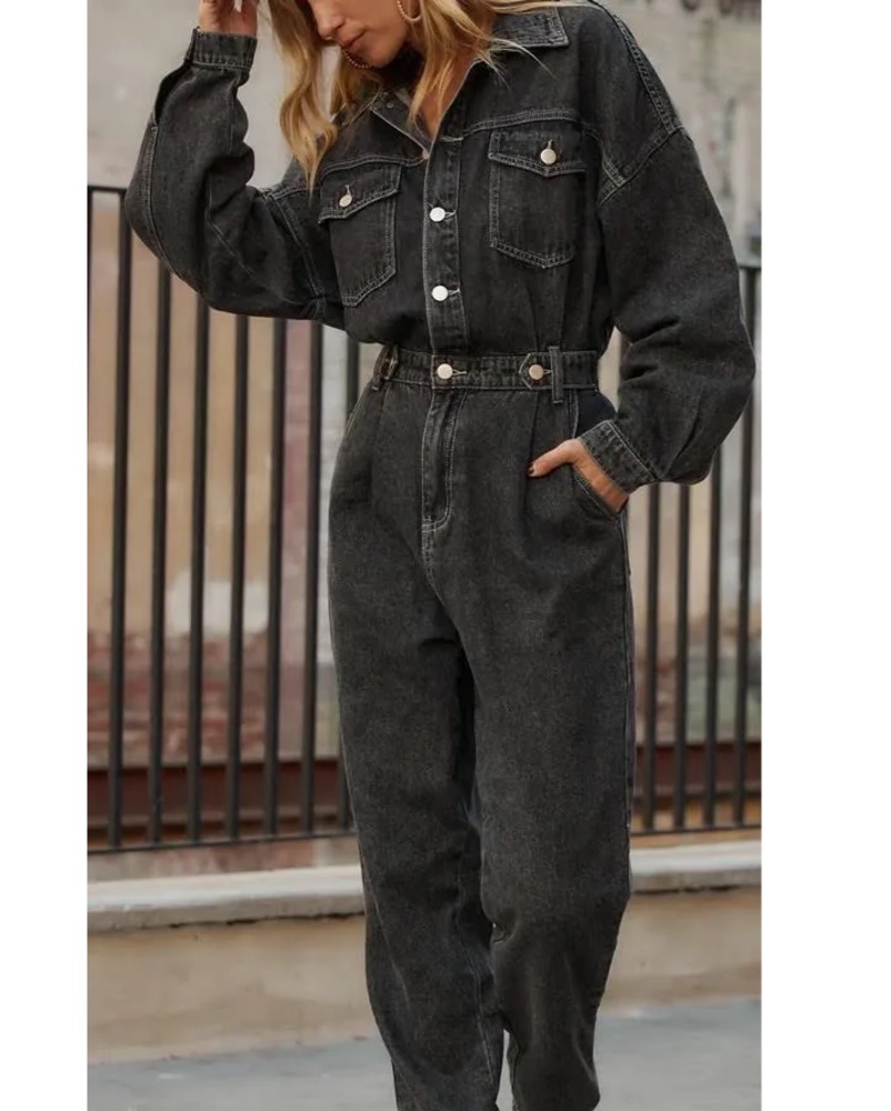値下げ❣️ollkyotoJane Black Denim Jumpsuit 12th Tribe Denim Jumpsuit with Pockets by 12TH TRIBE - Pickle