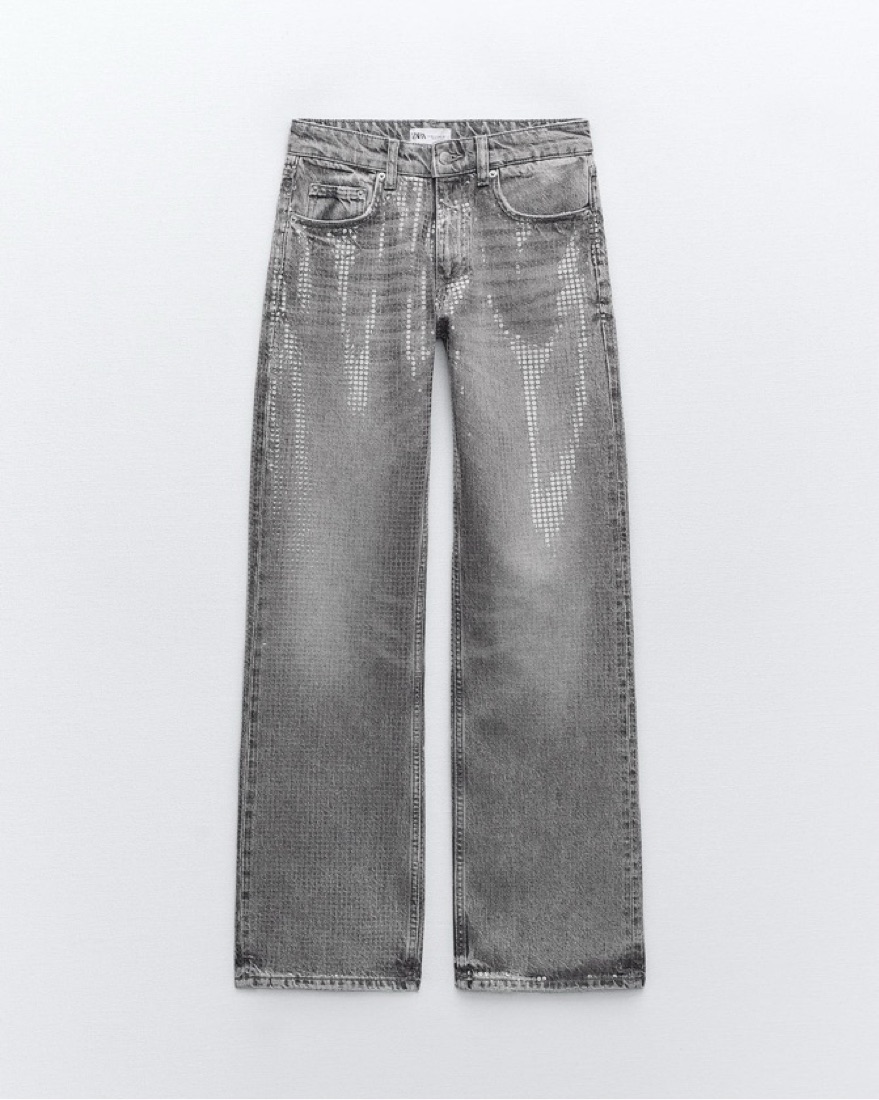 Mid Rise Wide Leg Sequin Foil Jeans by Zara - Pickle
