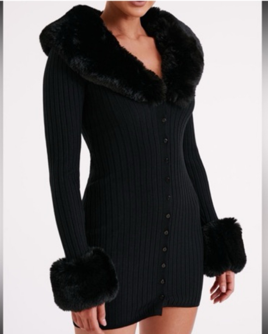 Meshki Aurora Fur Trim Knit Mini Dress by Meshki - Pickle