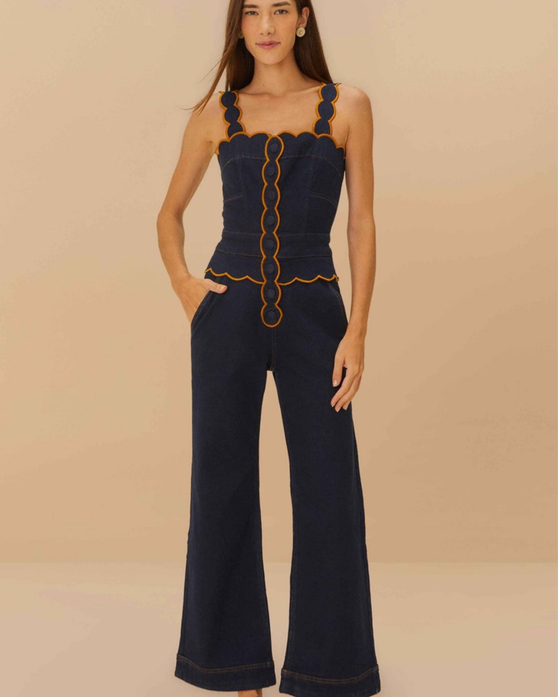 Farm Rio Dark Denim Wavy Trim Jumpsuit by FARM RIO - Pickle