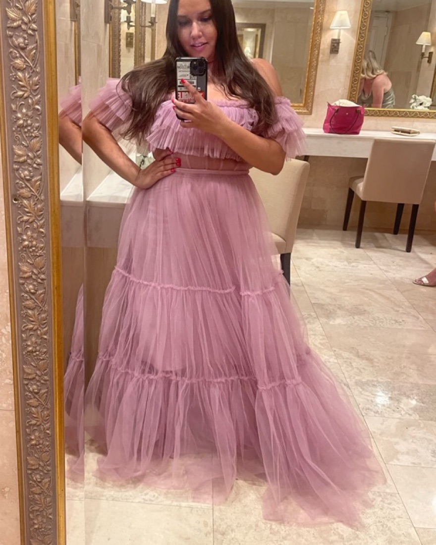 BCBGMAXAZRIA Off Shoulder Tiered Gown by BCBG Maxaria - Pickle