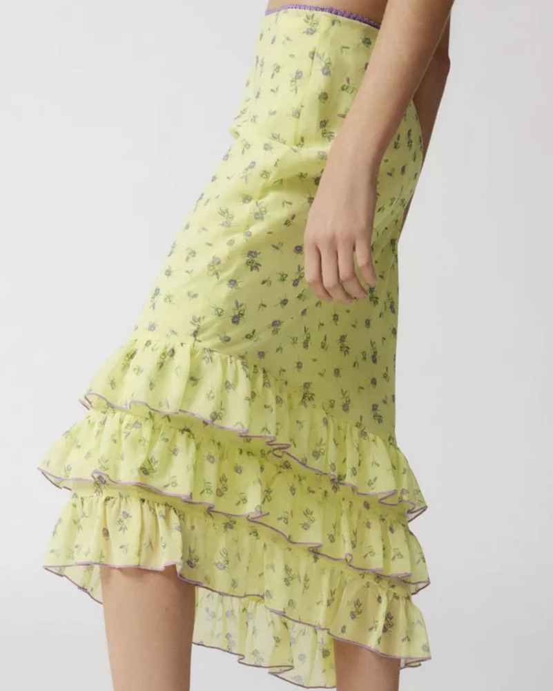 Ruffle Midi Skirt - Floral Yellow by Urban Outfitters - Pickle