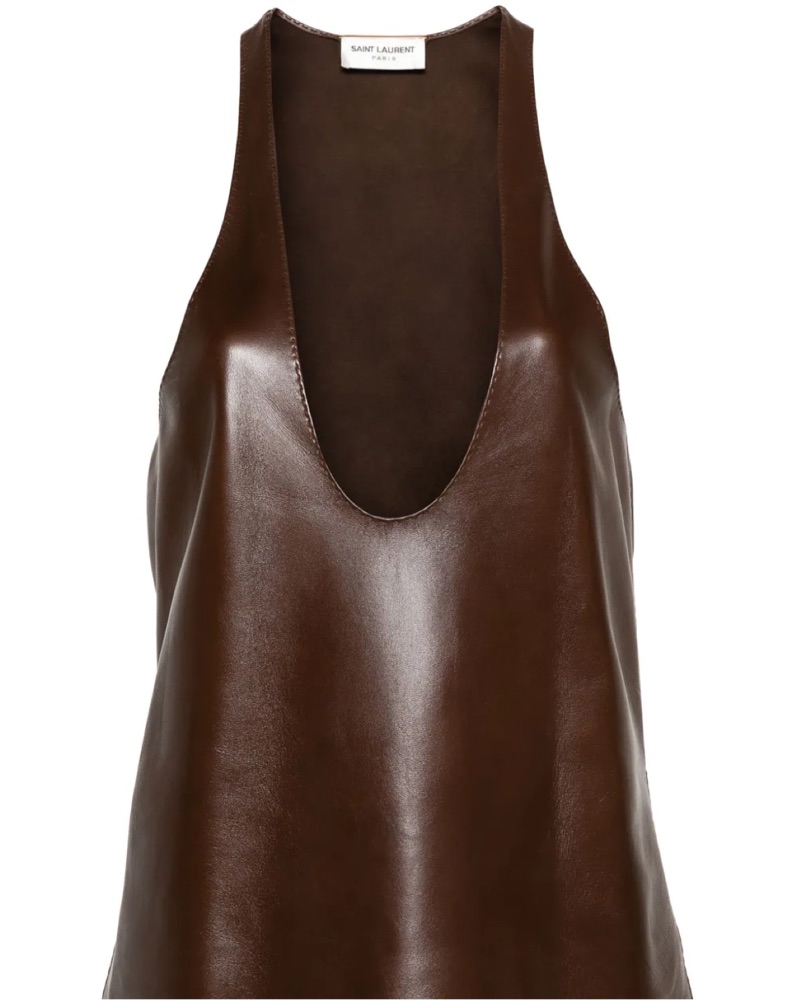 YSL Plunge Halter Neck Leather Tank Top by Saint laurent - Pickle