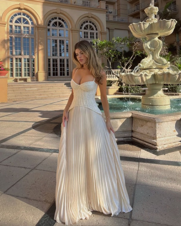 Lace Corset Pleated Maxi Dress by Fashion Nova - Pickle