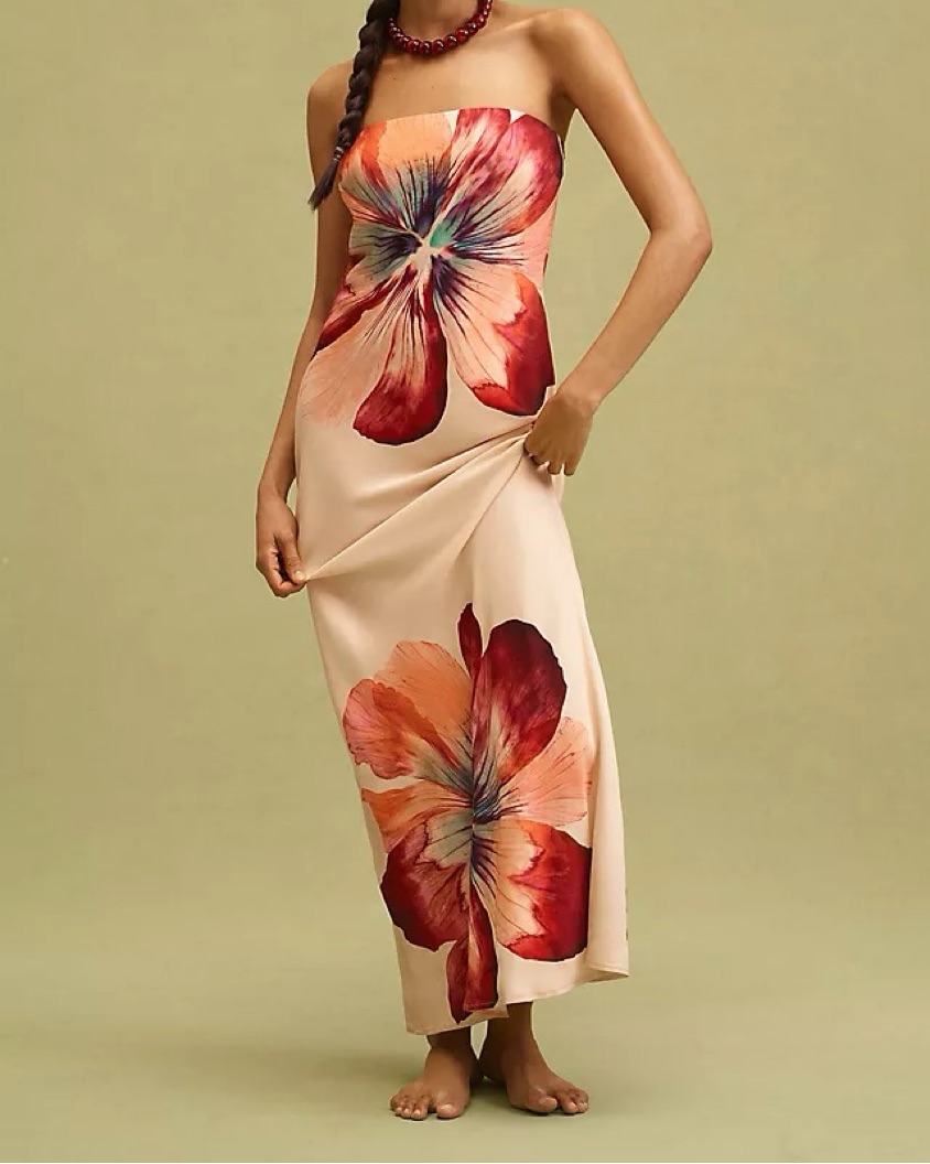 The Fleur Strapless Satin Maxi Dress by Anthropologie - Pickle