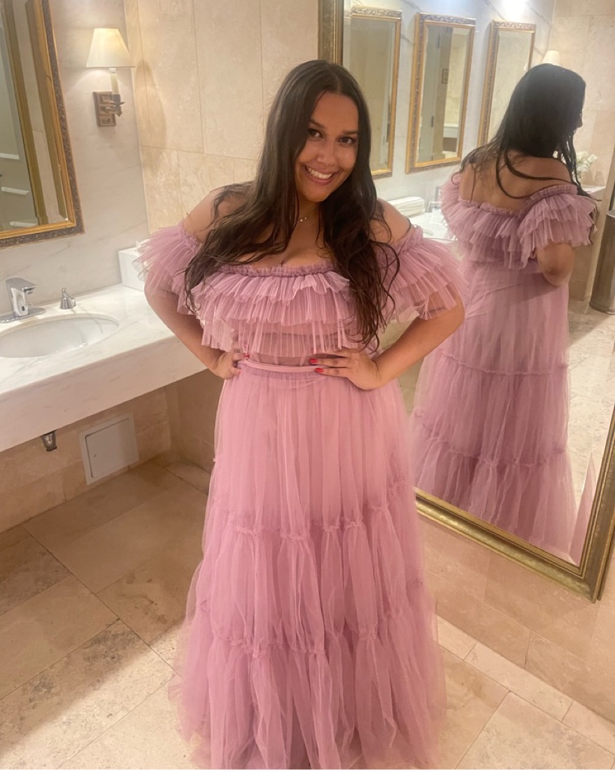 BCBGMAXAZRIA Off Shoulder Tiered Gown by BCBG Maxaria - Pickle