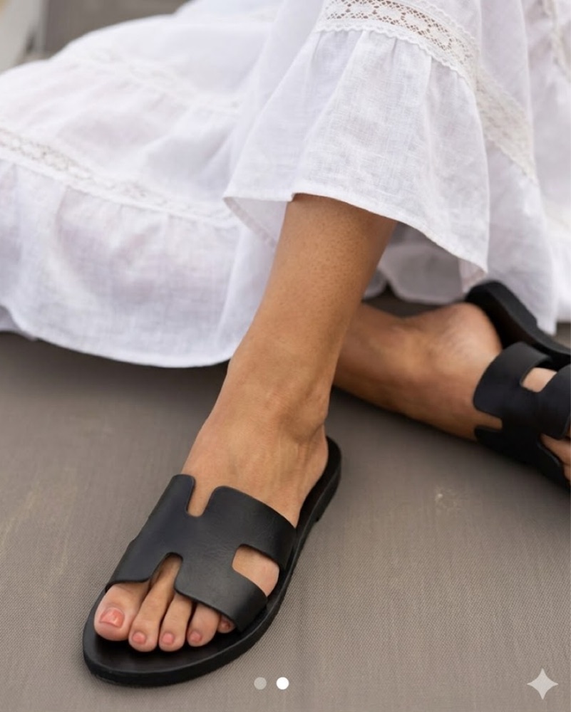 Hermes Inspired Black Leather Sandal by Hermes Dupe - Pickle