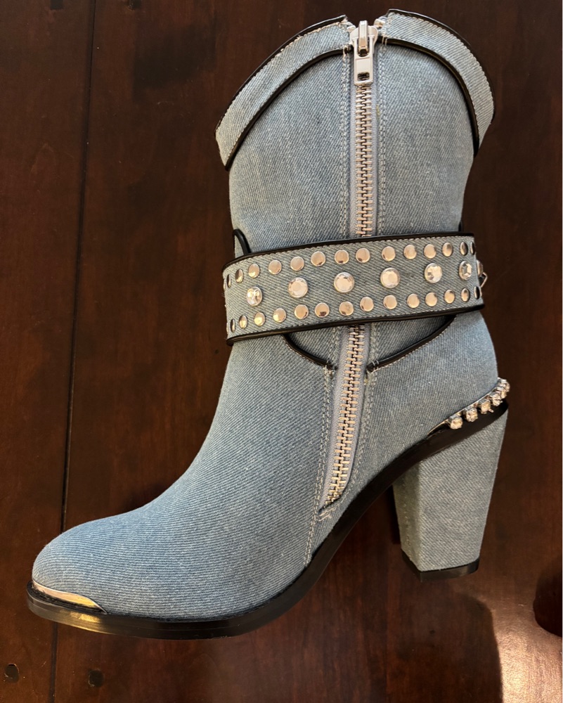 Rhinestone Denim Cowboy Boots by Other - Pickle