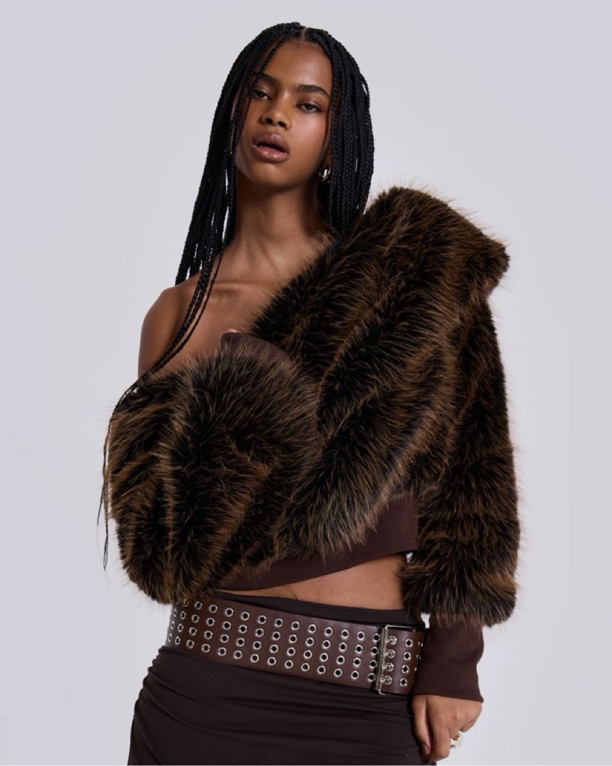 その他 S off shoulder faux-fur tops Brown Faux Fur Off Shoulder Crop Top Evening Winter – FINESSE