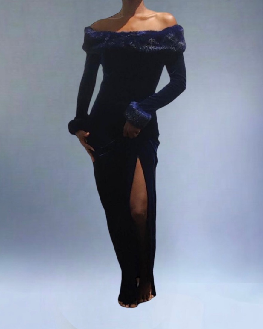 Vintage Navy Velvet Fur Trim Dress by Vintage - Pickle