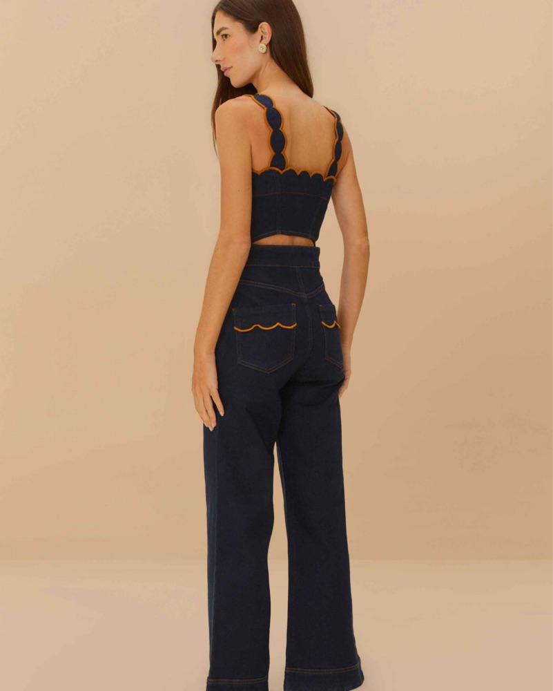 Farm Rio Dark Denim Wavy Trim Jumpsuit by FARM RIO - Pickle