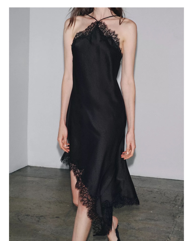 Black Lace Satin Midi Dress by ZARA - Pickle