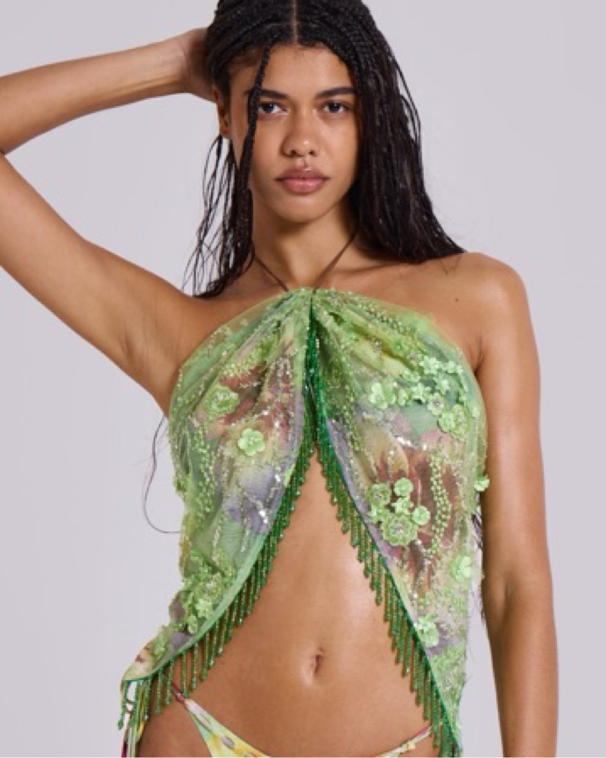 Jaded London Beaded Fringe Green Wrap by Jaded London - Pickle