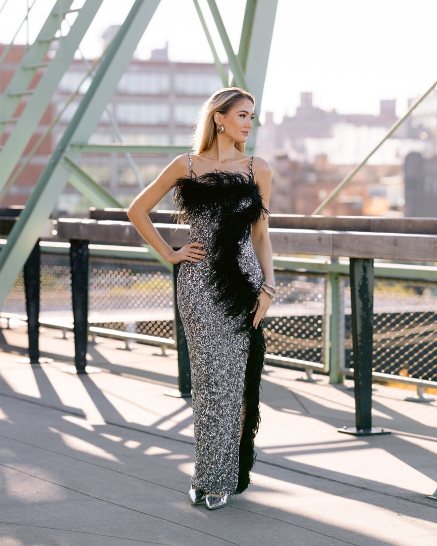 【ヒョウ柄】ecmile Ribbon tight dress/GRY Rachel Gilbert Feather Gown by Rachel Gilbert - Pickle